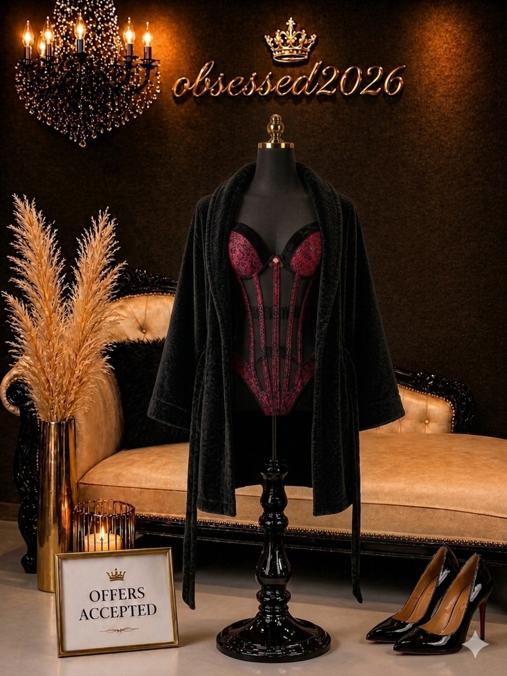Victoria’s Secret Long Plush Faux Fur Robe | Red & Black Corset Also Available
